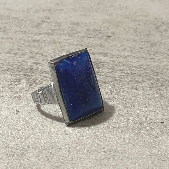 Unknown Jewelry - Vintage Genuine Blue Lapis Lazuli Cabochon Rectangular Setting Sterling Ring 4.5